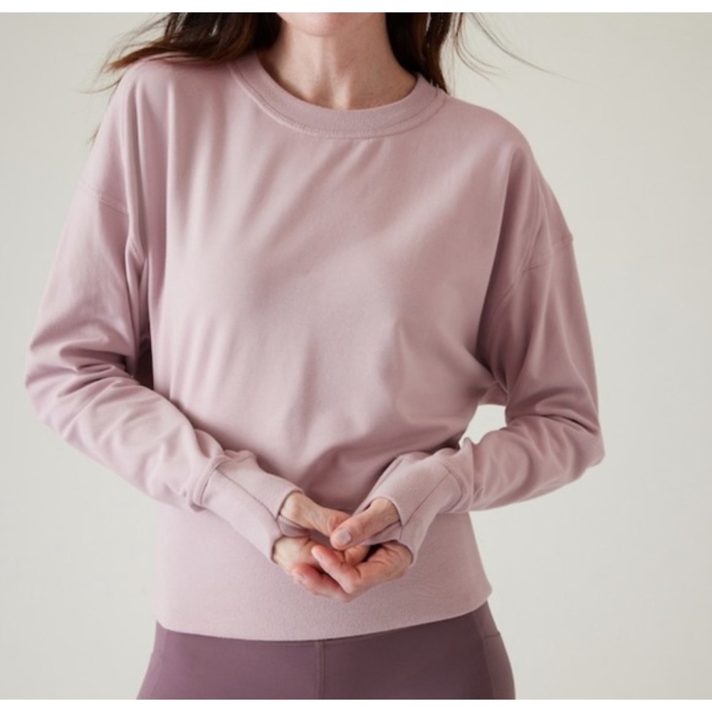 Athleta Retroterry Cropped Sweatshirt Mauve Pink Crew Neck Banded Hem Medium